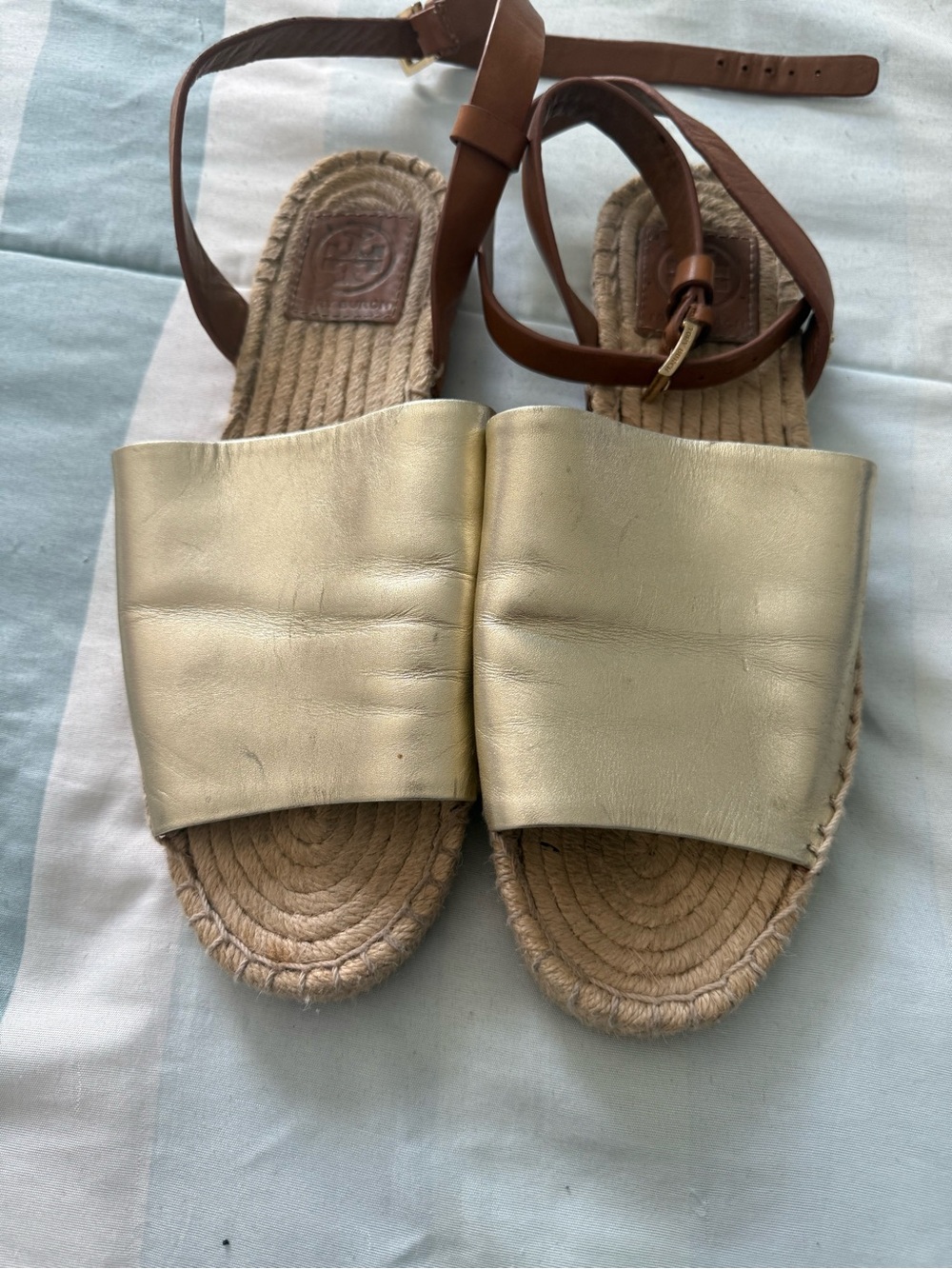 Tory Burch Gold Leather Espadrille Sandals with Brown Ankle Straps